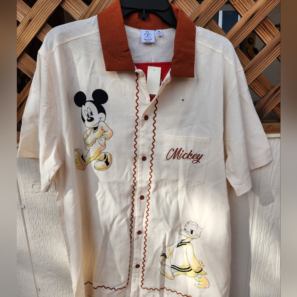 Aeropostale × Mickey Mouse Cream and Brown Men's Button Up Shirt